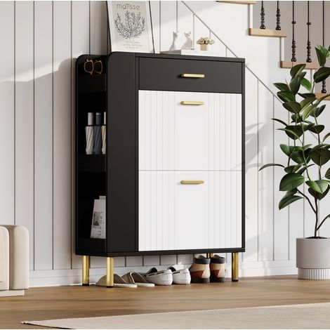 Zapatero (80x24x105 cm), con 2 compartimentos abatibles, cajón, 3 estantes abiertos, MDF y aglomerado, blanco y negro (1/5)