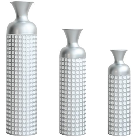 Vaso decorativo moderno in metallo argenteo, set di 3 vasi dal design brillante con motivo puntinato, altezze 49,5 / 66 / 84 cm, ideali per fiori secchi e erba della pampa, soggiorno, sala da pranzo e