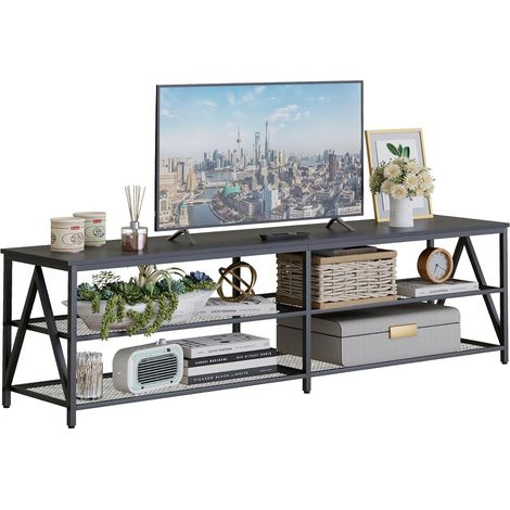Meuble TV bas pour téléviseur jusqu'à 70" avec 3 compartiments ouverts, étagère TV pour salon, chambre à coucher, 180 x 40 x 50 cm, design industriel, structure en acier, noir (1/5)