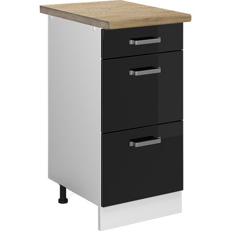 Mobiletto base per cucina R-Line, Nero lucido, 40 cm con cassetti, PL Rovere, Vicco (1/5)