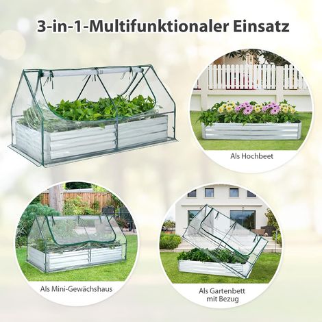 COSTWAY 2in1 Hochbeet mit Gewächshaus, Metall Pflanzkasten, PVC-Folie, Blumenbeet mit Zwei Fenstern, Rechteckiges Frühbeet für Blumen, Kräuter im Garten, Terrasse und Balkon, 180x90x91cm, Silber