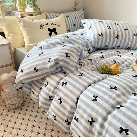 Housse de Couette 220x240 Bleu et Noir Rayures Nœud Papillon Parure de Lit Mignon Confortable Microfibre Ado Fille Linge de Lit Adulte et 2 Taie Oreiller 65x65 avec Fermeture Éclair (1/5)