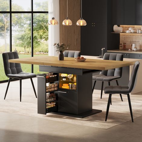 Table à manger extensible avec rangement, éclairage coloré et étagères verre, gain de place petit espace, 4 à 6 convives dimensions 110-140x80x77,2cm, noir (1/5)