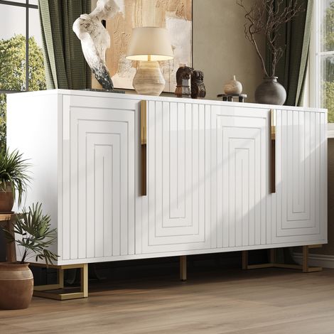Aparador de MDF blanco 152x40x75 cm con 2 puertas, 4 compartimentos, patas metálicas y sistema antivuelco (1/5)