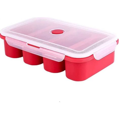 Silikon-Gefrierform – 4 x 250 ml Fächer – mit transparentem Deckel – für Brühe, Suppe, Soße oder Butter – Rot (1/5)