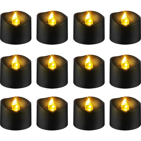 Bougies Chauffe-Plat LED Noires Sans Flamme, Lot de 12, Effet Flamme Vacillante Blanc Chaud, Décoration de Table Halloween et Fête(B - Lumière jaune) (1/5)
