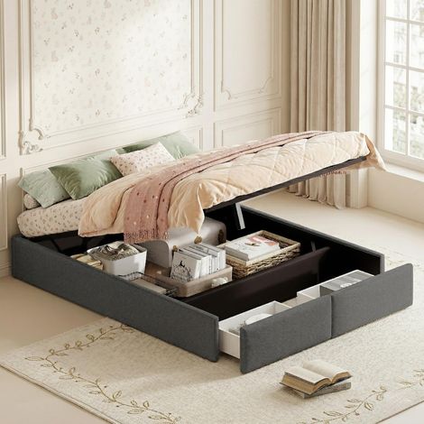 Cama Canapé Abatible 160x200 cm 2 cajones – Cama Doble somier de láminas, sin cabecero, Diseño Nórdico – Gris