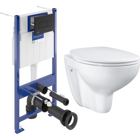 Pack WC und Vorwandelement Villeroy & Boch + flanschloses WC Grohe Bau Ceramic + SoftClose WC-Sitz + schwarze Platte (VCNBAU4)