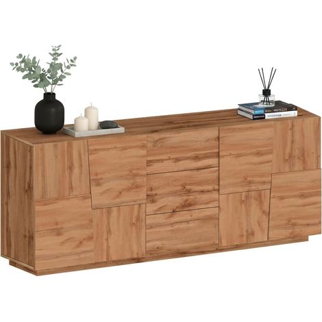 Dmora - Aparador Yoel, Buffet de salón, Aparador de salón con 4 puertas y 3 cajones, 220x44h86 cm, Roble