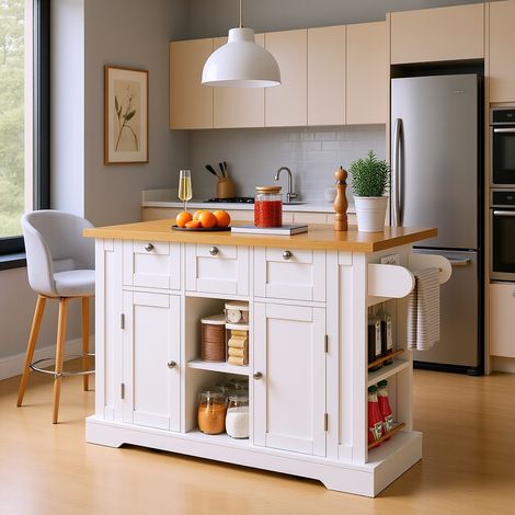URBAN MEUBLE Îlot de cuisine blanc et effet bois avec plateau extensible, rangement et ports 132x70x87cm (1/5)
