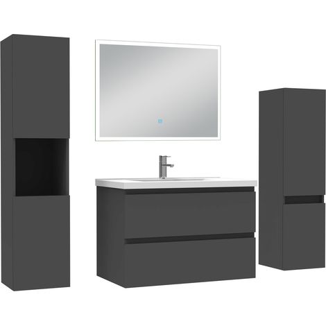 Ocean Ensemble meuble Salle de Bain 80cm simple vasque avec colonne et miroir lumineux dimmable anthracite