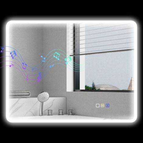 Specchio da bagno a LED con Bluetooth, 70 x 90 cm, interruttore touch, luce regolabile a tre colori, funzione antiappannamento con memoria, colore argento, installazione in loco. (1/5)