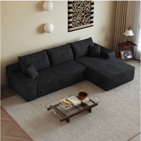 Canapé Modulable 270x175cm Velours Côtelé Noir Sans Montage - Canapé d'angle - 3 Places Assise Profonde Confort Salon Moderne (1/5)