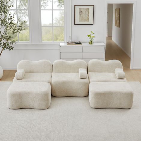 Canapé modulaire 3 places en U beige en velours avec 2 ottomans et assise profonde (1/5)