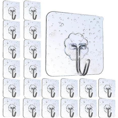 Lot de 20 crochets adhésifs transparents pour salle de bain, étanches, avec porte-serviettes pour chambre, salle de bain, cuisine et plafond. (1/5)