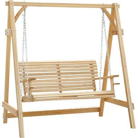Outsunny 2 Seater Wooden Garden Swing Seat Hammock Bench Lounger, Natural (1/5)