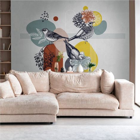 Sfondo fotografico Profhome 399101 Carta da parati TNT goffrata a caldo liscia con uccelli opaca grigio arancione giallo azzurro 3,71 m x 2,8 m (1/4)