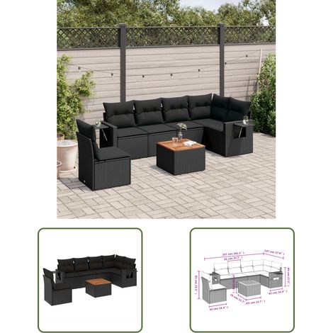 The Living Store 7-tlg. Garten-Sofagarnitur mit Kissen Schwarz Poly Rattan - Gartenmöbel Set - PE-Rattan Möbel - Outdoor Lounge - Esszimmergarnitur - Balkonmöbel (1/3)