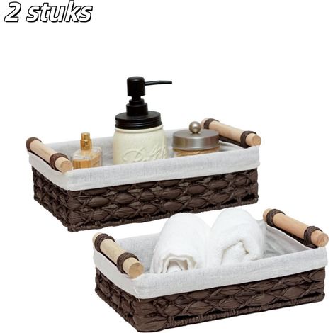 Lot de 2 paniers de rangement en osier marron avec poignées en bois boîtes décoratives pour cuisine chambre maison bureau et autres espaces de rangement disponibles en deux tailles grande et petite (1/5)