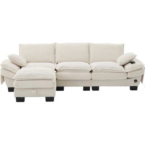 Modulares 3-Sitzer-Sofa aus beigem Cord mit Hocker, USB-C und Seitentaschen (1/5)