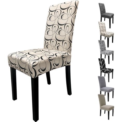 Stuhlhussen 6er Set Beige Graffiti Stretch Waschbar für Esszimmerstühle (1/5)