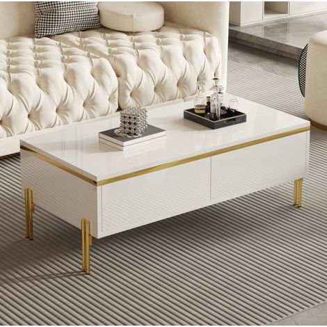 Tavolino da caffè bianco lucido con doppi cassetti, 100 x 50 x 36 cm, truciolare e metallo (1/5)