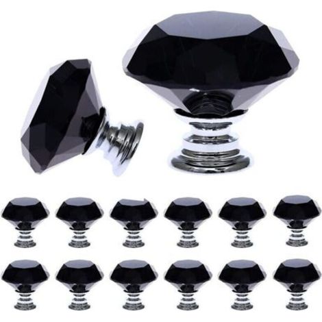 12 Pieces Black Crystal Glass Furniture Knobs (30 mm), Furniture Knob with Size, Door Knob, Drawer Handle, Door Handle for Kitchen, Office, Bedroom, Closet (1/5)