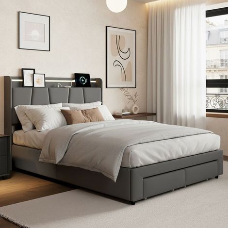 Lit coffre 140x190 cm POCKETPOP - tejido de lino gris oscuro, LED 7 colores, USB/Type-C, 2 cajones