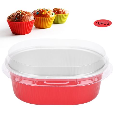 Lot de 10 moules à gâteaux ovales jetables en aluminium avec couvercle, accessoire de cuisine (rouge) (1/5)
