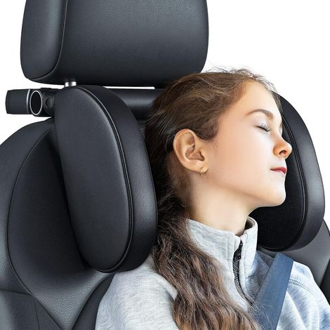Appui-tête de voiture, réglable à 180°, coussin cervical multifonctionnel en cuir respirant, appui-tête universel pour enfants et adultes, noir (1/3)