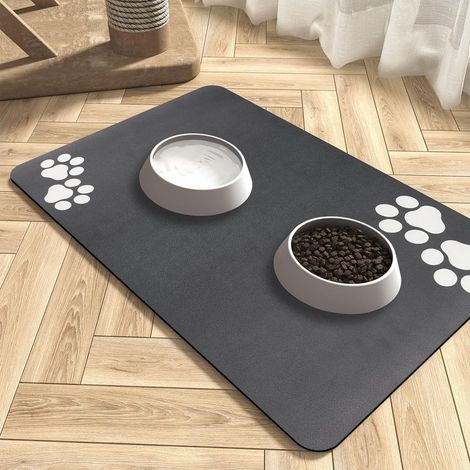 Feeding mat for dogs, quick-drying, super absorbent, washable, non-slip, for dog and cat bowls, 40 x 60 cm (pattern with two pairs of paws – dark grey) (1/4)
