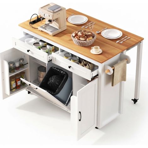 ELVMI Isola da cucina con piano estensibile, vani contenitore, prese e comparto portarifiuti, MDF, Bianco, 120 x 40-75 x 92 cm (1/5)