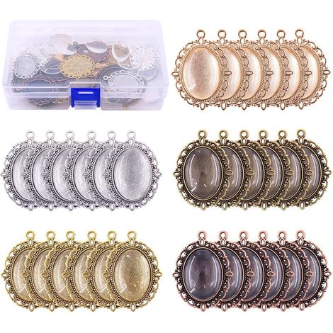 Set of 60 hanging trays, 30 in 5 colors, oval bevels, 30 glass dome tiles, crafts and jewelry, S (1/5)