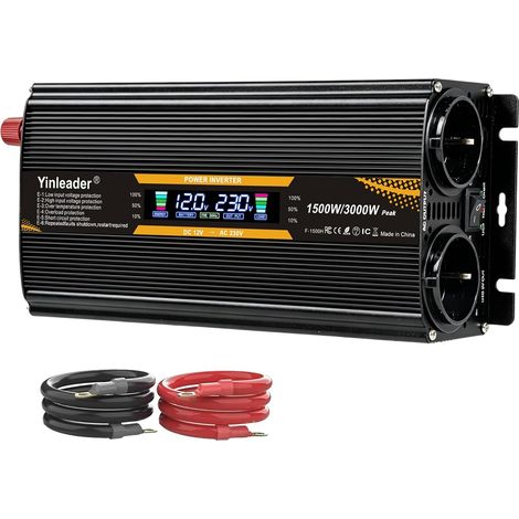 convertisseur 12v 220v 1500W /3000W convertisseur de Tension avec écran LCD USB Noir (1/5)