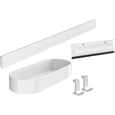 Ensemble d'accessoires pour la douche sans percage 4 pièces, Barre murale, Étagère salle de bain, Raclette douche, Crochet, Accessoire salle de bain, Blanc mat, 27967700 (1/5)