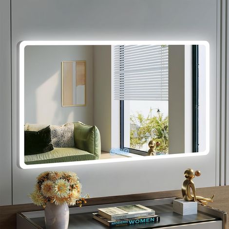 100x60cm Miroir-LED-Salle-de-Bain-avec-Éclairage,Miroir LED avec Anti-buée,3 Couleurs et Dimmable,HD Verre Trempé Miroir-Mural,Horizontal/Vertical,IP56 (1/5)