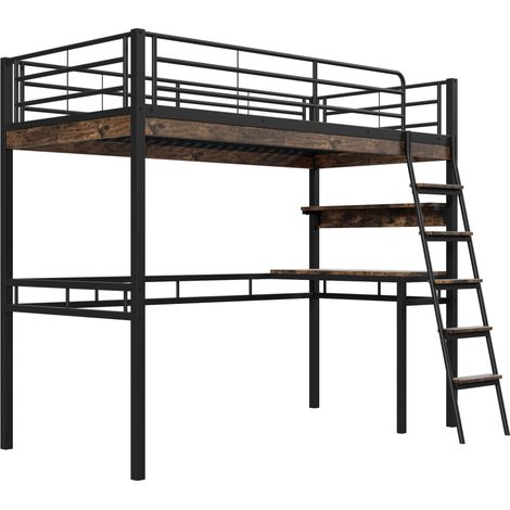 Litera alta 90 x 200 cm con escritorio, estantes, escalera y estructura metálica negra (1/5)