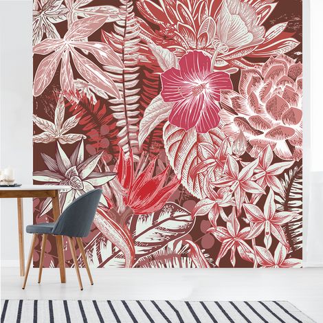Papier peint intissé motif floral rouge, feuillages et fleurs de la jungle tropicale, 250 cm X 250 cm, panoramique (1/2)
