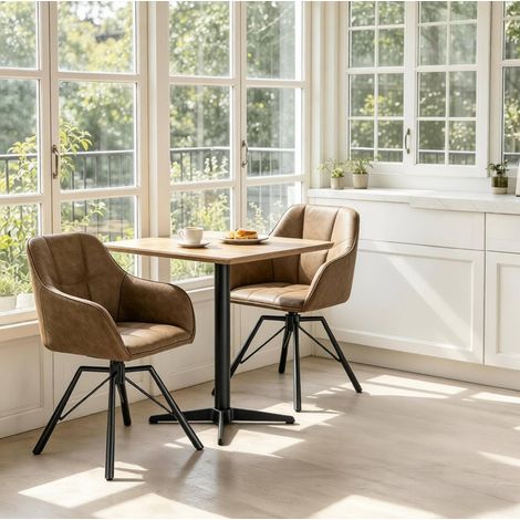 Silla de comedor giratoria de piel sintética marrón con reposabrazos, patas de metal y asiento amplio acolchado (1/5)