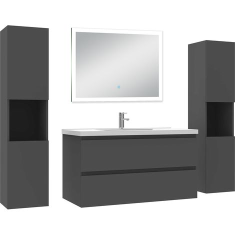 Ocean Ensemble meuble Salle de Bain 100cm avec colonne + miroir lumineux dimmable anthracite (1/5)