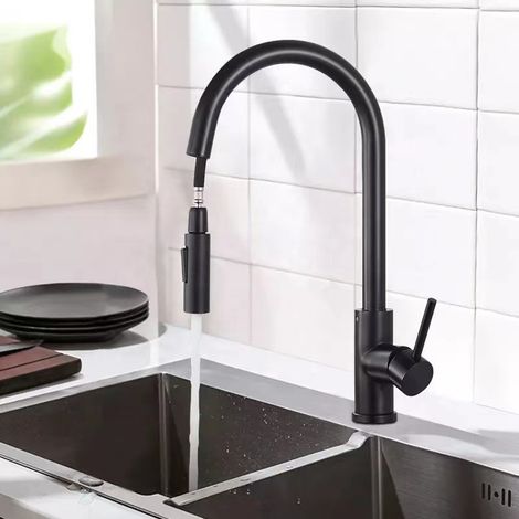 Robinet Cuisine Noir, Mitigeur Cuisine avec Douchette Extractible, 2 Modes de Pulvérisation et Pivotante à 360°,