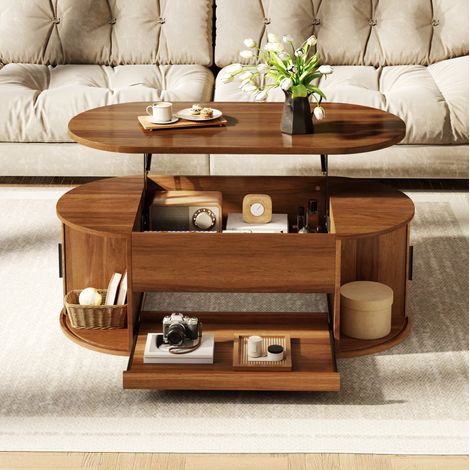 Mesa de centro elevable 110x55x55 cm con almacenaje oculto, puertas correderas y MDF nogal (1/5)