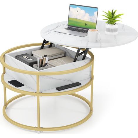 COSTWAY Lift Top Coffee Table 80cm Round Center Table with Side Shelves-White (1/5)