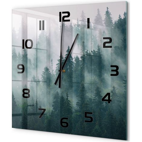 Grande Horloge Murale Carrée Originale en Verre Silencieuse Design Moderne Salon Brouillard au-dessus de la forêt 60x60 cm (1/5)