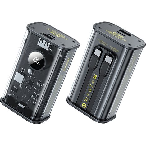 Wekome WP-345 Vanguard Series - Power bank da 10000 mAh con ricarica rapida, cavo USB-C e Lightning PD 20W integrati + cavo QC 22.5W (nero)