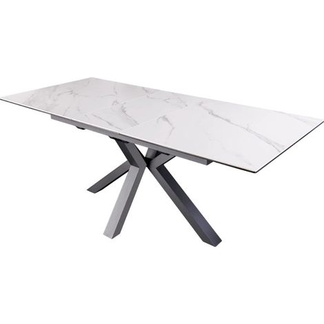 Table de salle à manger extensible LITHOS 160-200 cm – Céramique effet marbre blanc et piètement étoilé noir (1/5)