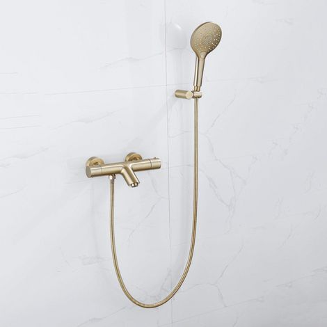FugaFlow Eccelente Sobrado Robinet de baignoire thermostatique avec douchette ronde, support et flexible métal Laiton brossé PVD (1/4)