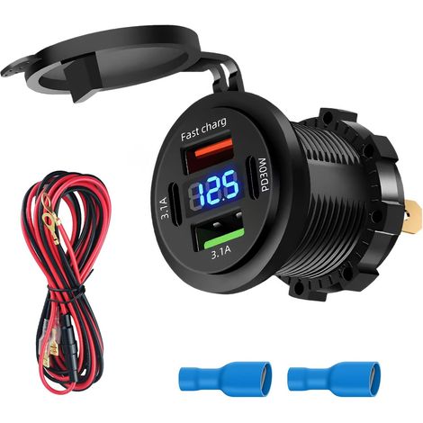 12V USB Prise de Chargeur Voiture, Etanche pour Moto Camping-Car Bateau 4 Ports Double Type C PD 3.1A 30W et Double Rapide Charge USB A, avec LED Voltmètre (1/5)