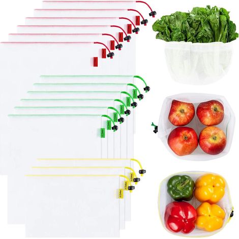 Ecowaare 15 Pack Reusable Mesh Bags - Eco Friendly - Washable and Clear - with Colorful Tare Weight Labels - 3 Sizes (1/5)