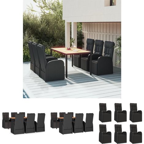 Liegestuhl - vidaXL 7-tlg. Garten-Essgruppe Schwarz Poly Rattan & Massivholz Akazie - Gartenmöbel Schwarz (1/5)
